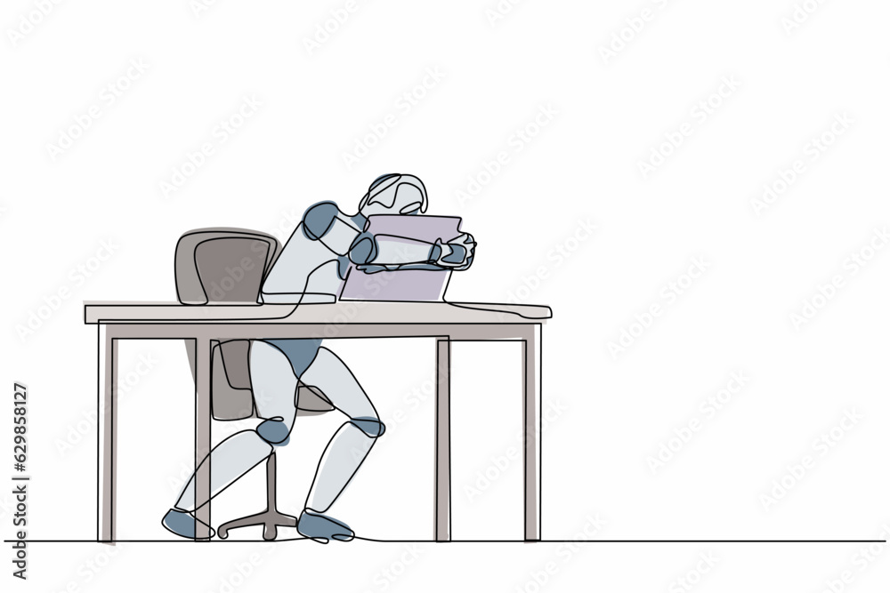 Wall mural single continuous line drawing robot sitting and hugging laptop at office. modern robotic artificial