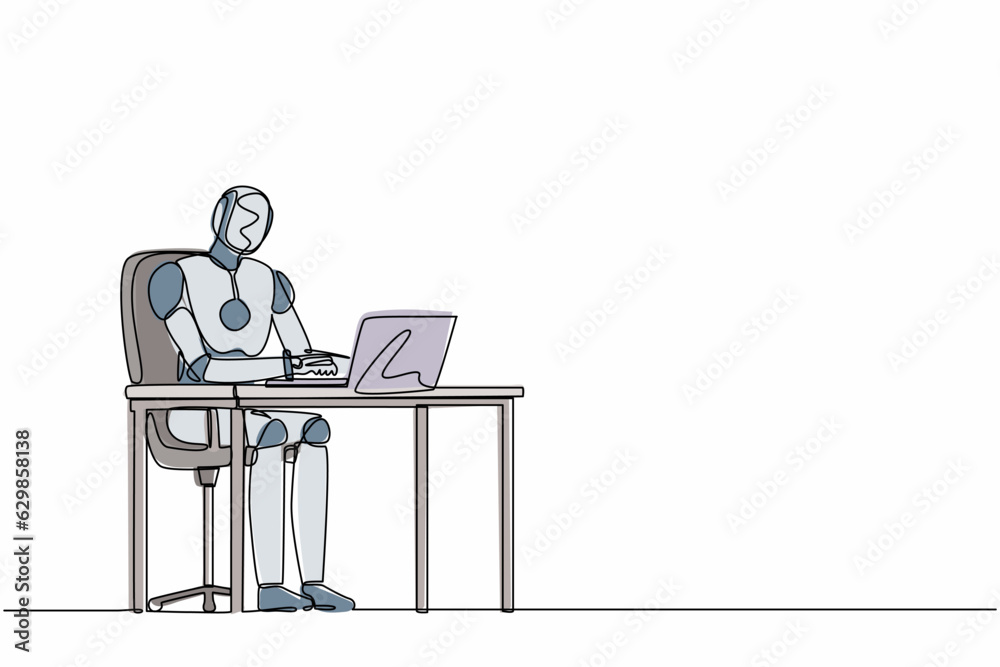 Poster continuous one line drawing robot working, typing and sending messages at desk. humanoid robot cyber