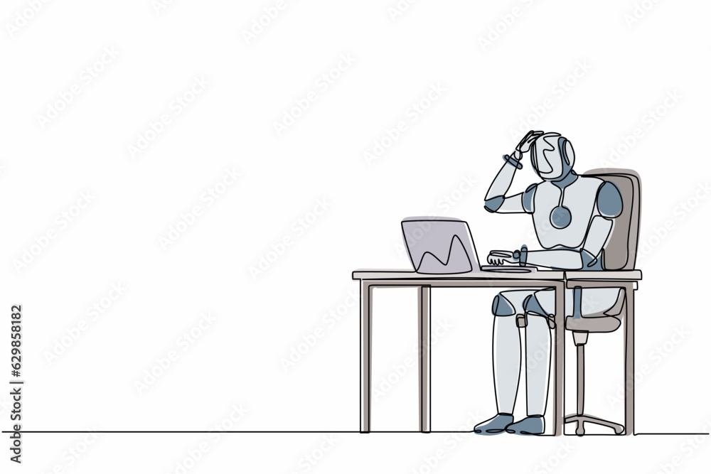 Poster single one line drawing confused robot manager working on computer laptop. future technology develop
