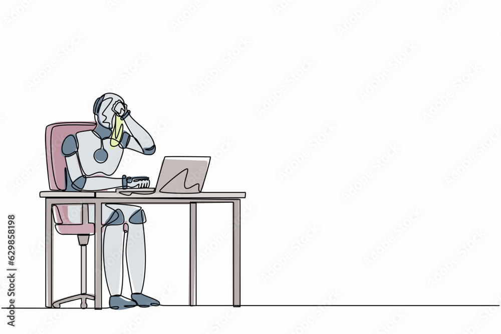 Poster single continuous line drawing robot employee crying while wiping tears using tissue and staring at 