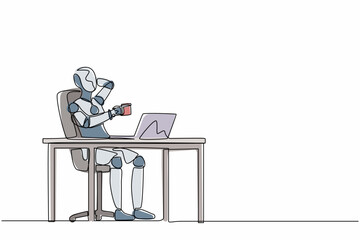 Continuous one line drawing robot relaxed at desk and drink cup of coffee. Humanoid robot cybernetic organism. Future robotics development concept. Single line draw design vector graphic illustration
