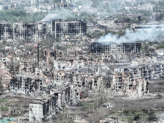 Ruined city. The landscape of the city after the war. War in Bakhmut. Military operations....