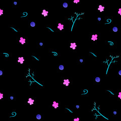a seamless pattern of watercolors is hand drawn in the form of small flowers on a black background