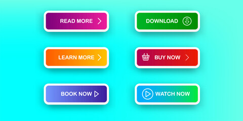 Vector Modern material style buttons set isolated on cyan background. Read more, buy now, download, book now, watch now buttons collection with gradient colors and icons with shadows.