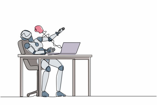 recommend clip art: Single continuous line drawing robot being punched by boxing gloves from computer laptop. Cyber bullying. Robotic artificial intelligence. Electronic technology. One line design vector illustration