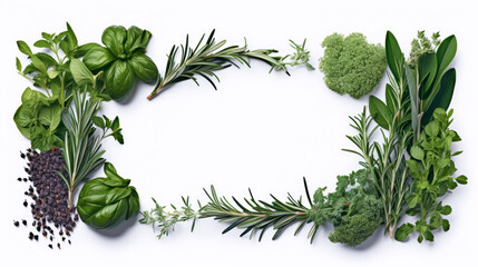 Obraz premium Fresh organic Mediterranean herbs and spices elements isolated white background, sage, rosemary twig and leaves, thyme, oregano, basil, green and black pepper, top view, flat lay