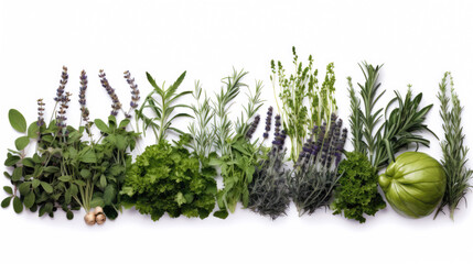 Fototapeta na wymiar Fresh organic Mediterranean herbs and spices elements isolated white background, sage, rosemary twig and leaves, thyme, oregano, basil, green and black pepper, top view, flat lay