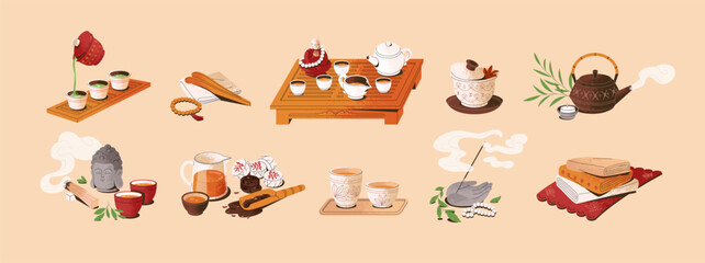 Time asian tea ceremony set. Japanese and chinese traditional attributes: table, tray, incense, bowls. Flavory hot green, pu erh, oolong in cups, oriental teapot. Flat isolated vector illustrations