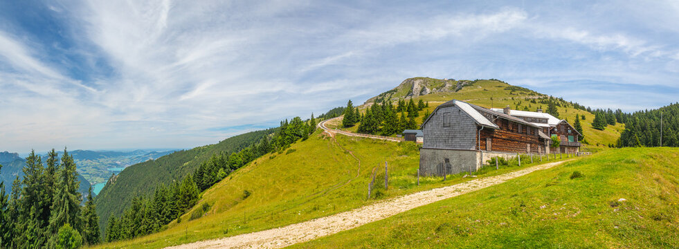 landscape with restaurant and train station Schafbergalm below the top of the Schafberg, Alps, Austria