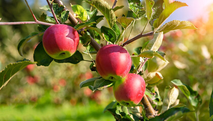 Harvest time in South Tyrol - ripe red apples on a branch of an apple tree on a fruit meadow in the sunlight