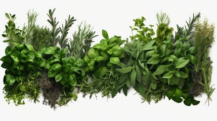 Fototapeta premium Fresh organic Mediterranean herbs and spices elements isolated white background, sage, rosemary twig and leaves, thyme, oregano, basil, green and black pepper, top view, flat lay