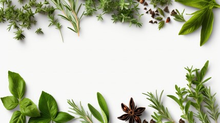 Fototapeta premium Fresh organic Mediterranean herbs and spices elements isolated white background, sage, rosemary twig and leaves, thyme, oregano, basil, green and black pepper, top view, flat lay