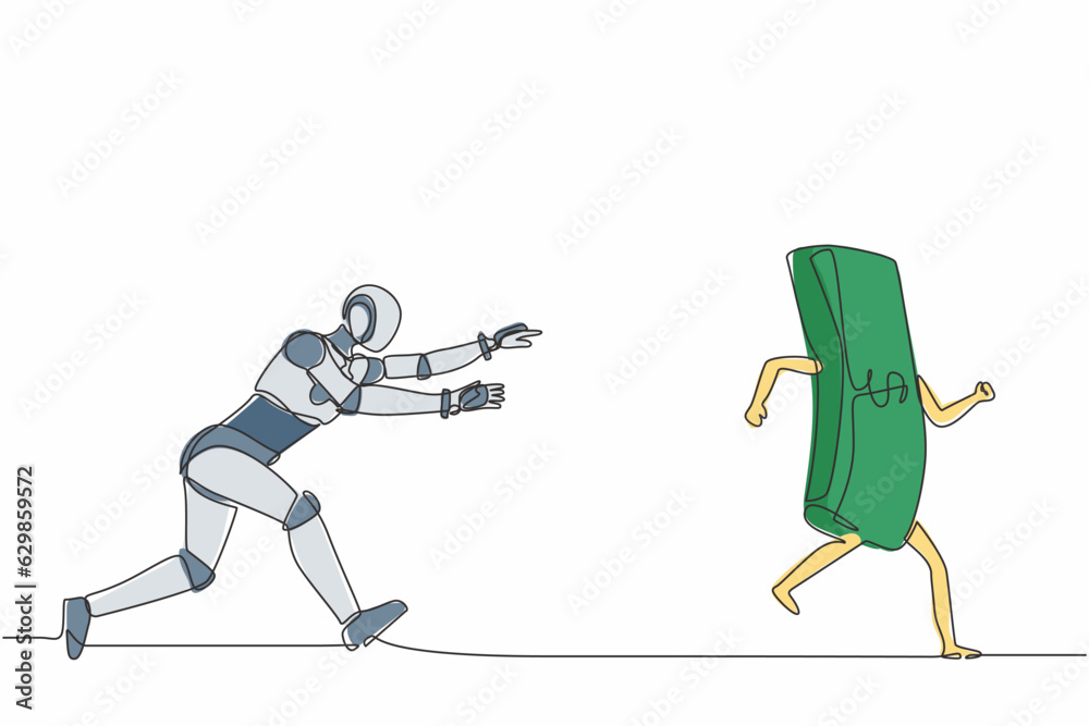 Poster single one line drawing robot running and chasing after run away money. future technology developmen