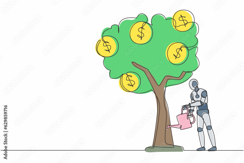 Wall mural single continuous line drawing robot watering tree with coins dollar symbol. profit growth. robotic 