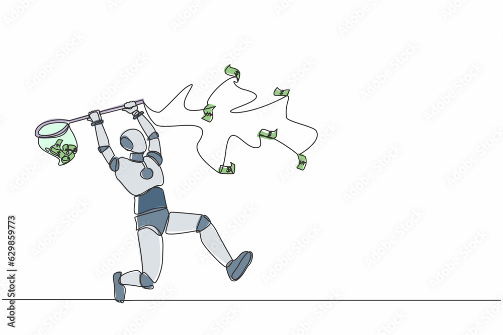 Poster single continuous line drawing robot trying to catch flying money with butterfly net. robotic artifi