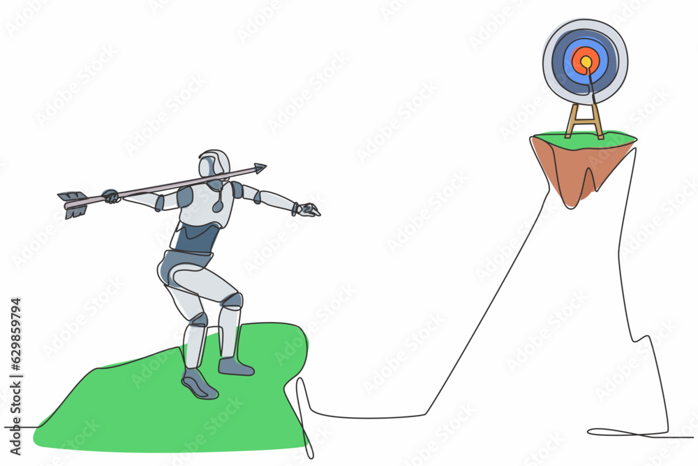 Poster single continuous line drawing robot standing on peak of cliff targeting arrow to dartboard. modern 