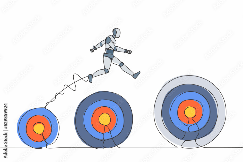 Poster single one line drawing robot jumping up higher target career goals. the business next target. futur