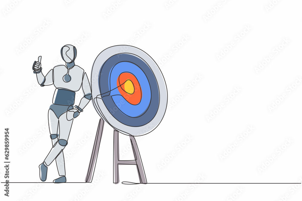 Poster continuous one line drawing robot standing and leaning at target with thumbs up gesture. humanoid ro