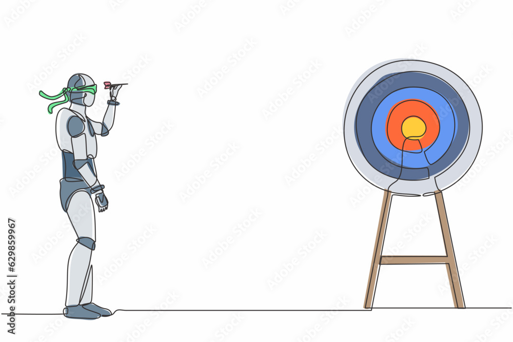 Poster single one line drawing robot using blindfold and hit darts target. future technology development. a