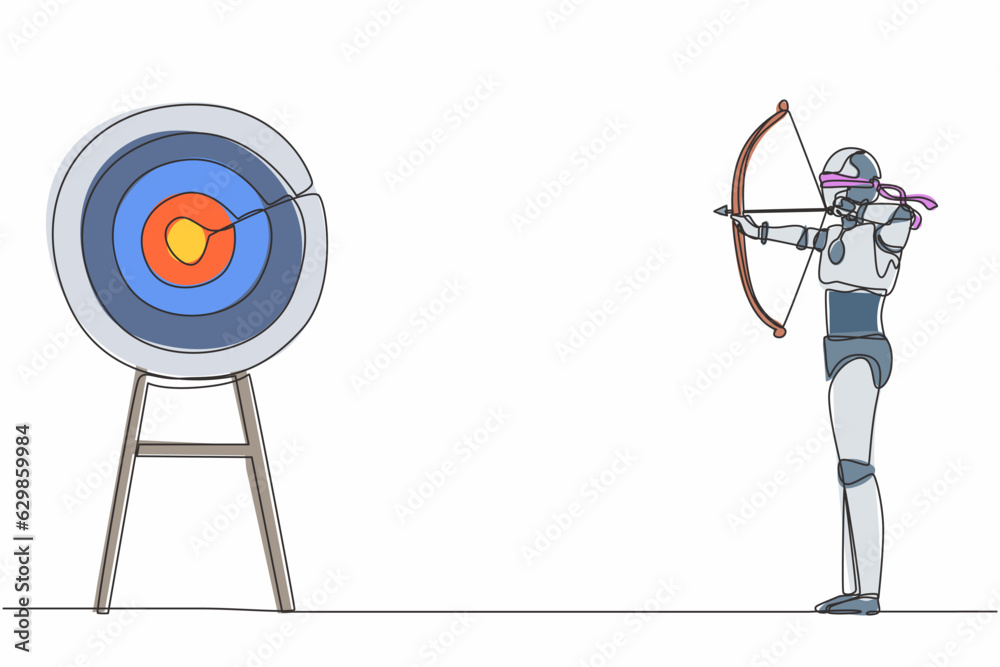 Poster continuous one line drawing blindfold robot holding bow arrow looking for target. humanoid robot cyb