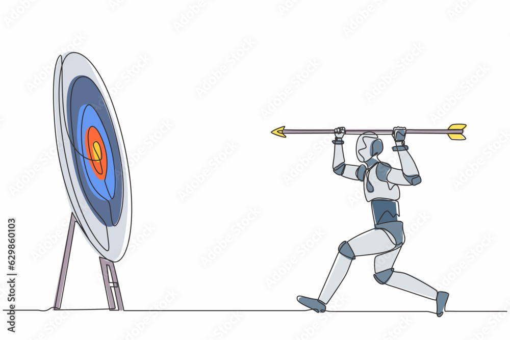 Poster single one line drawing robot point big arrow on target. goal achievement. future technology develop