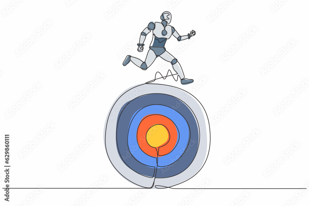 Poster continuous one line drawing robot move forward with goals. robot running on target. humanoid robot c