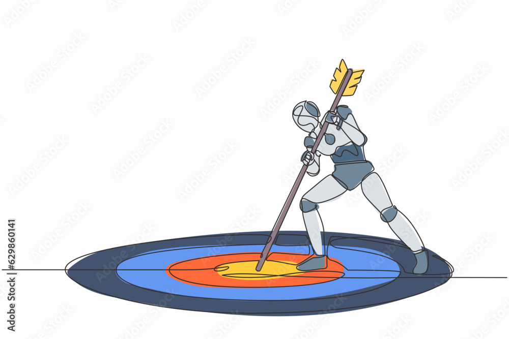 Poster single one line drawing robot mark goal with arrow. robot holding arrow, hit target on ground. futur
