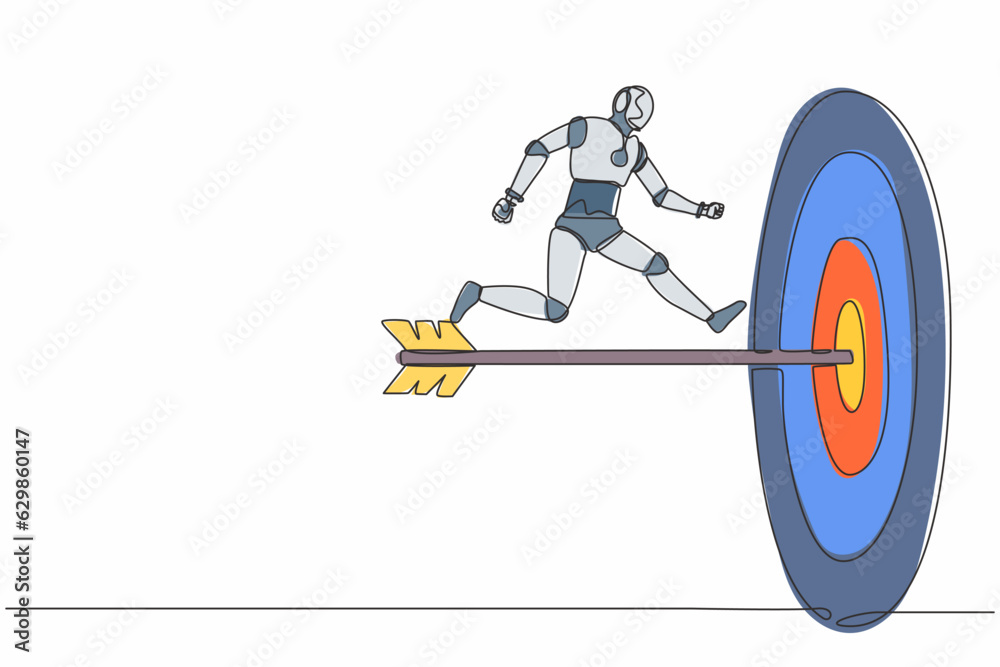 Poster single continuous line drawing robot run to bullseye with dart. reach target success. robotic artifi