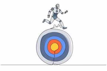 Continuous one line drawing robot move forward with goals. Robot running on target. Humanoid robot cybernetic organism. Future robotic development. Single line draw design vector graphic illustration