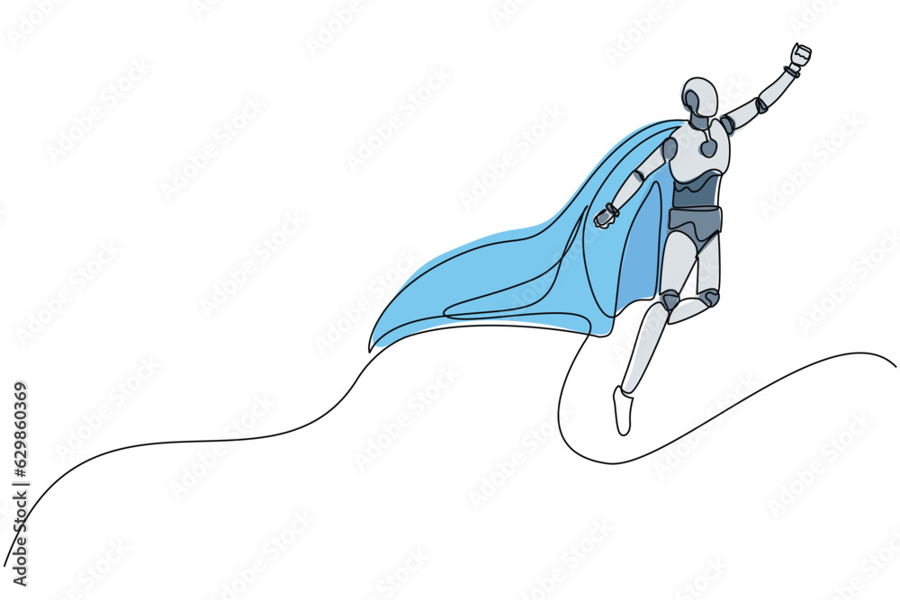 Poster single one line drawing robot superhero flies up to the sky. future technology development. artifici