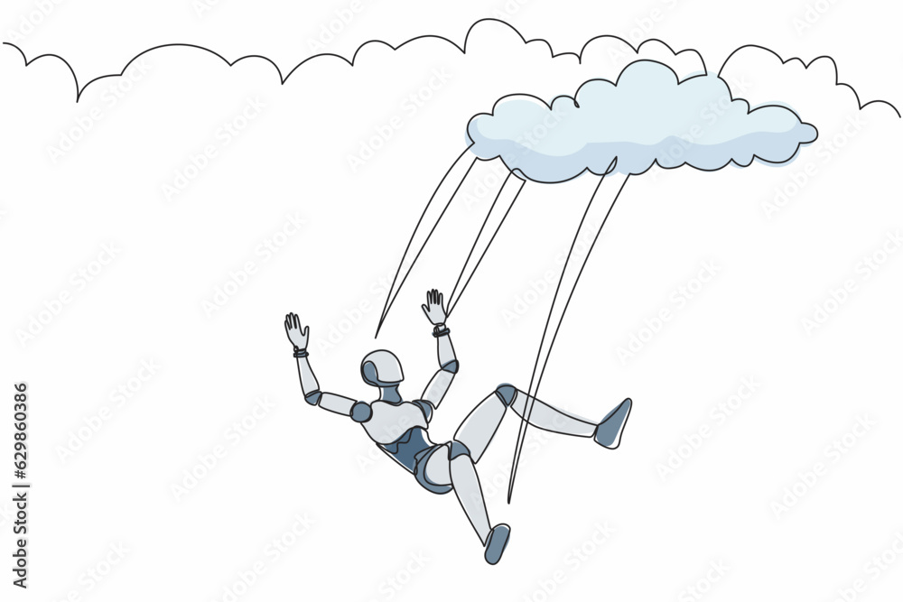 Poster continuous one line drawing robot falling from cloud and sky. failure and defeat. humanoid robot cyb