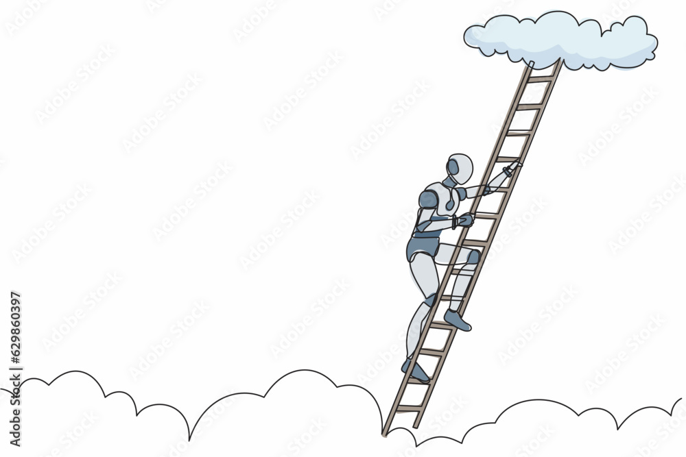 Poster single one line drawing robot climbing up career ladder to cloud. future technology development. art