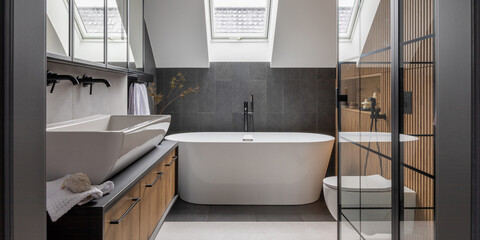 Stylish interior of bathroom with bathtub, shower, towels and other personal bathroom accessories....