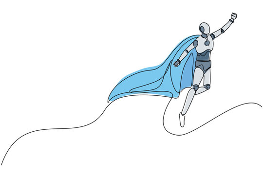 Single one line drawing robot superhero flies up to the sky. Future technology development. Artificial intelligence machine learning processes. Continuous line draw design graphic vector illustration