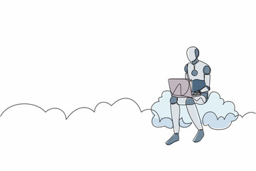 Single one line drawing robot sitting on cloud in sky and working with laptop. Future technology development. Artificial intelligence machine learning. Continuous line draw design graphic illustration