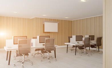 Furniture set with table, chairs and devices. 3D rendering.