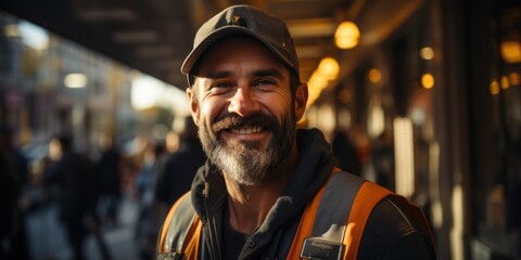 Happy construction worker poster with copy space,