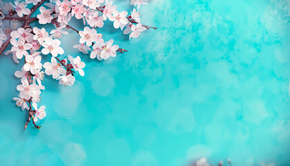 Japanese cherry blossoms as background and texture in blue and turquoise - artistic ally with text free space