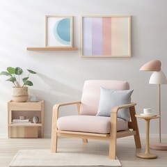 A minimalistic Scandinavian wooden interior design featuring a pastel armchair and table with a vase of houseplants, a pillow cushion, a lampshade, and a wall of wallpaper in a cozy, inviting room