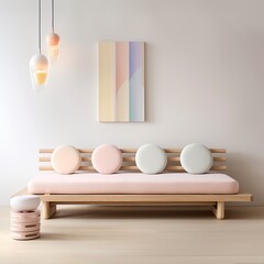 A cozy pastel room with minimal interior design, complete with a loveseat, cushioned couch, pillows, wall mockup, and a warm lampshade illuminating the furniture and floor
