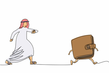 Single continuous line drawing Arab businessman chasing wallet. Wallets with money shopping. Purse for save cash. Business and finance symbol. Business metaphor. One line design vector illustration