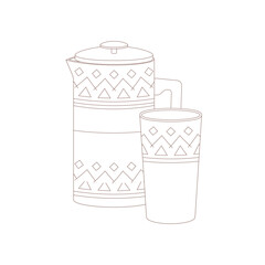 Teapot, teapot, mug, cap. Drawn elements for camping and hiking. Wilderness survival, travel, hiking, outdoor recreation, tourism.