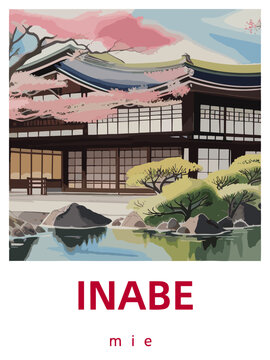 Inabe: Retro tourism poster with a Japanese scene and the headline Inabe in Mie
