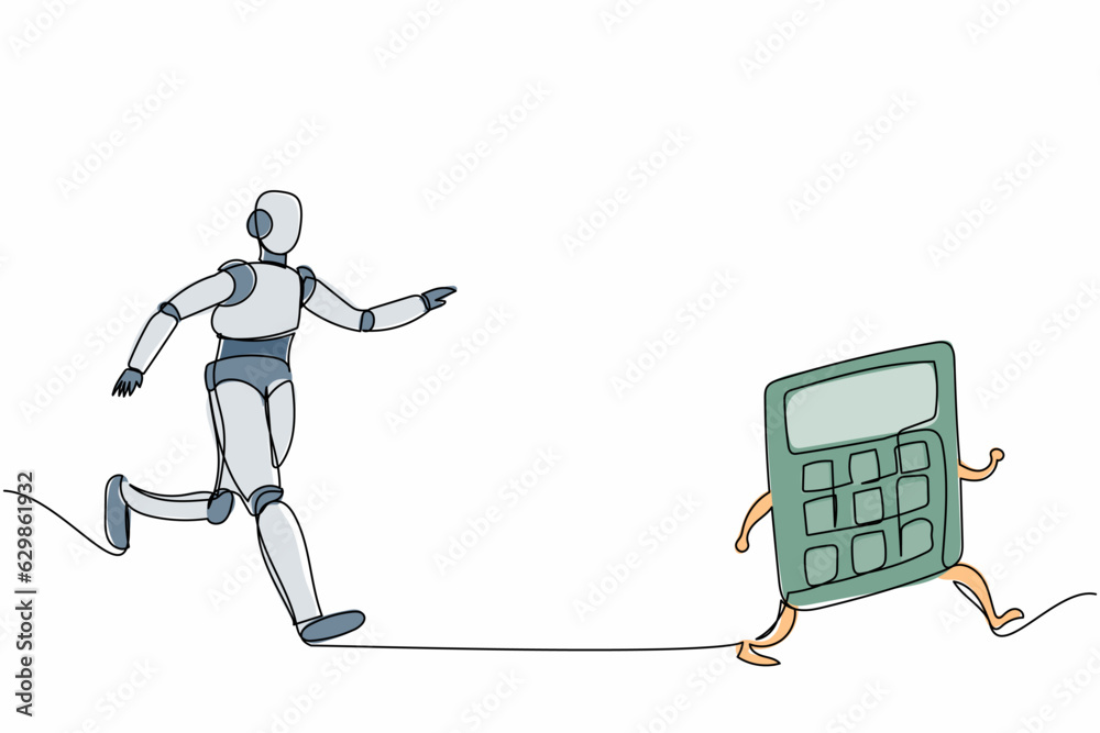 Poster single one line drawing robot chasing calculator. calculation of expenses in tech factory. future te