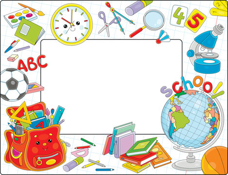 Vector school frame border with a funny cartoon satchel, globe, clock, textbooks, balls and other objects for schoolchildren, a horizontal background for photos and texts