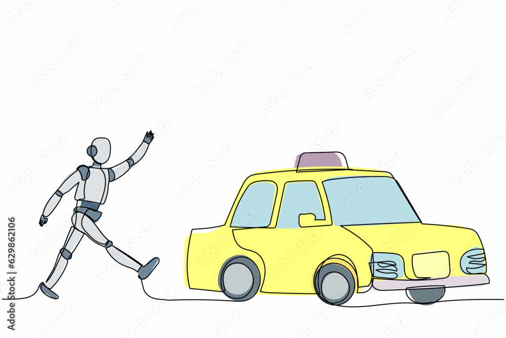 Poster single continuous line drawing robot run chasing rocket take off. launching start up business tech. 
