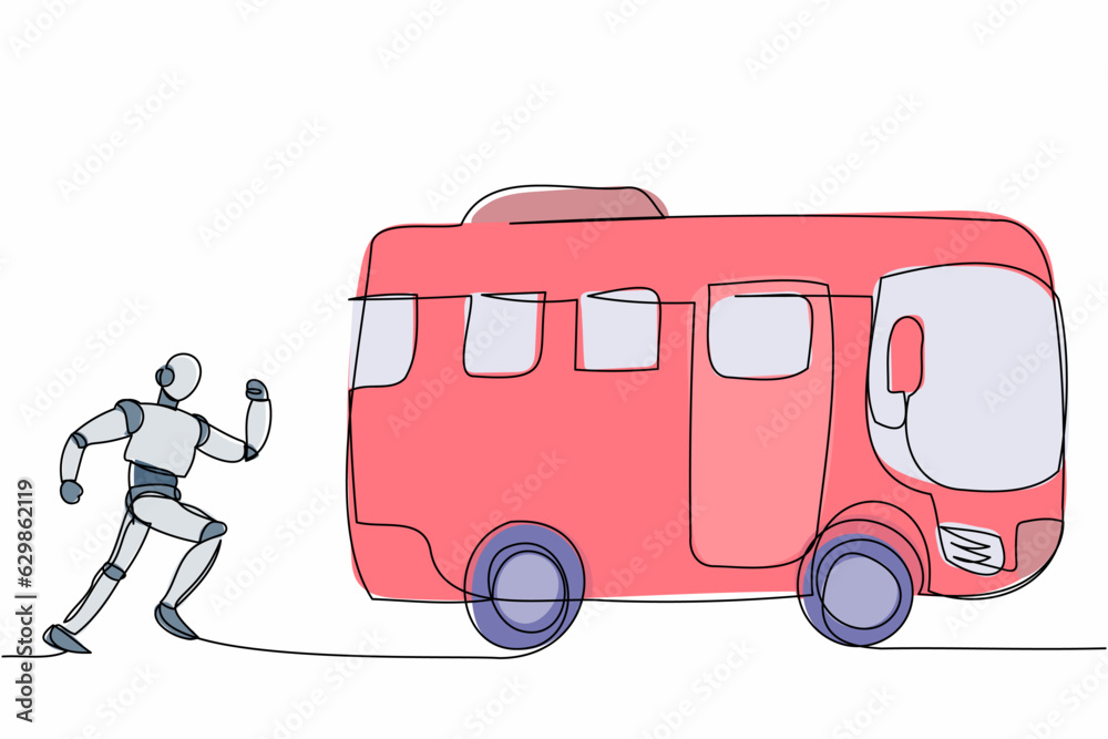 Poster single one line drawing robot run chasing bus. tech system analysis in public transportation. future
