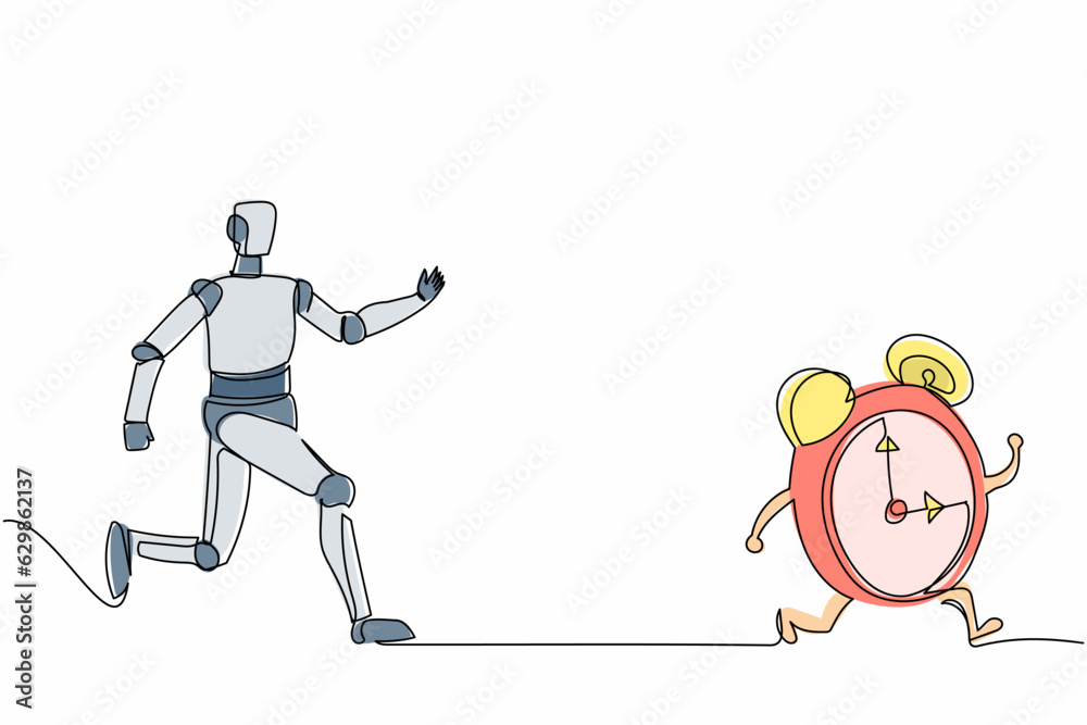 Poster single continuous line drawing robot chasing alarm clock. system management control and information 