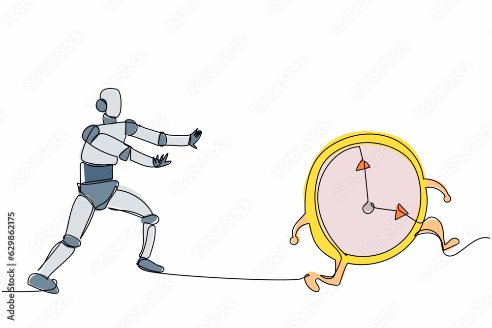 Poster single continuous line drawing robot chase clock time. time management in processing factory. roboti