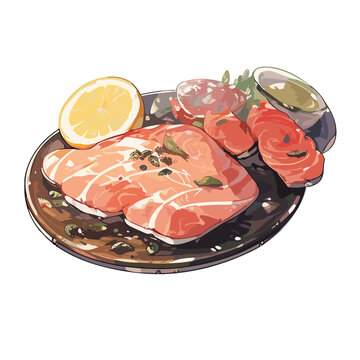 Cartoon seafood dishes, Fresh sea fish tuna, red bass, mackerel, salmon steak, and herring, Generative AI